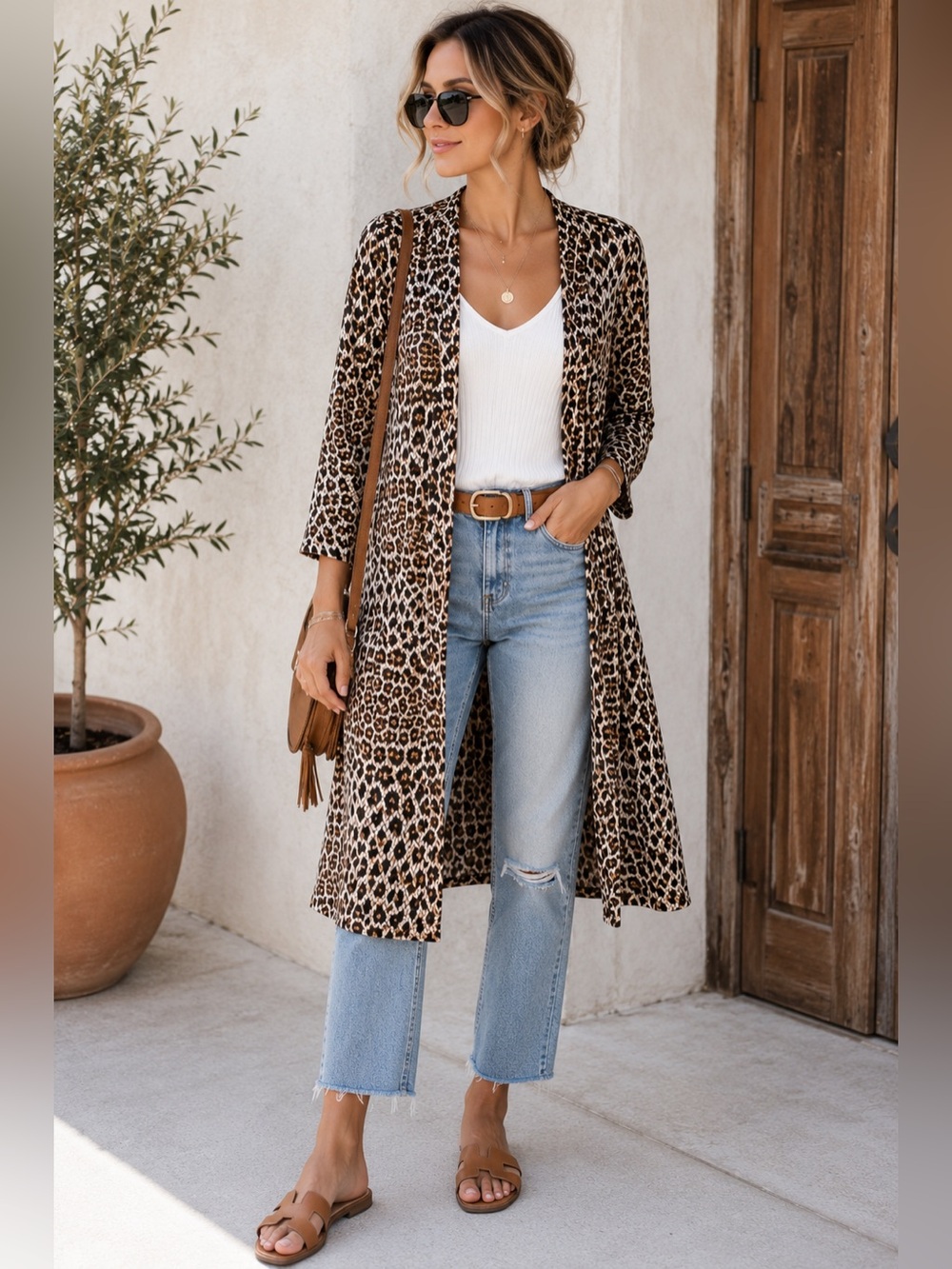 Susan Graver Leopard Print Duster Cardigan Medium Open Front Pockets - Picture 2 of 7